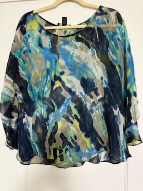 INC International Concepts Blue Teal Olive Abstract Print Top